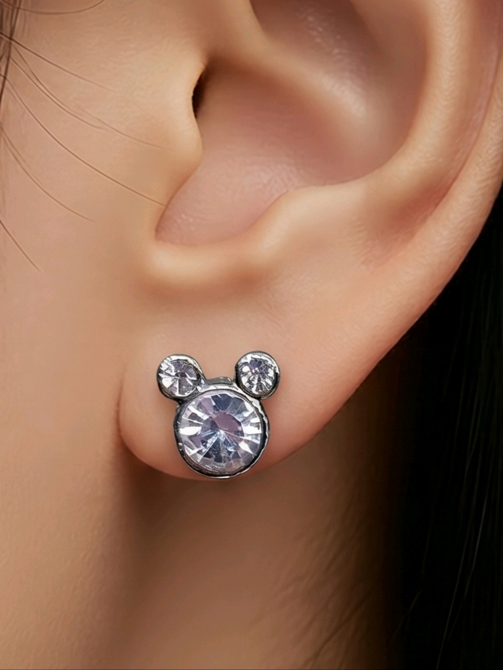 Mickey Ears Stud Earrings CZ Silver Sparkly Mouse Head Dainty Disney Park Style